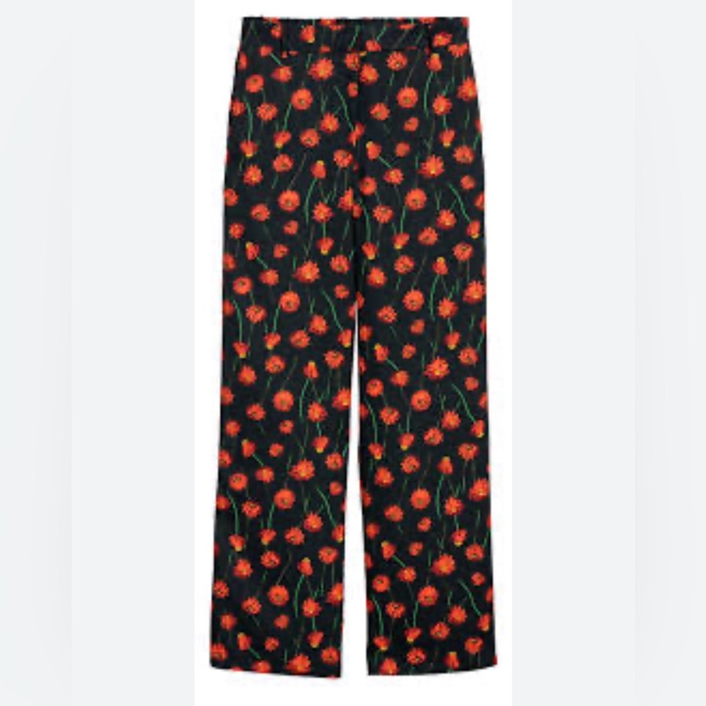 H&M Black Wide-Leg Trousers with Red Floral Print